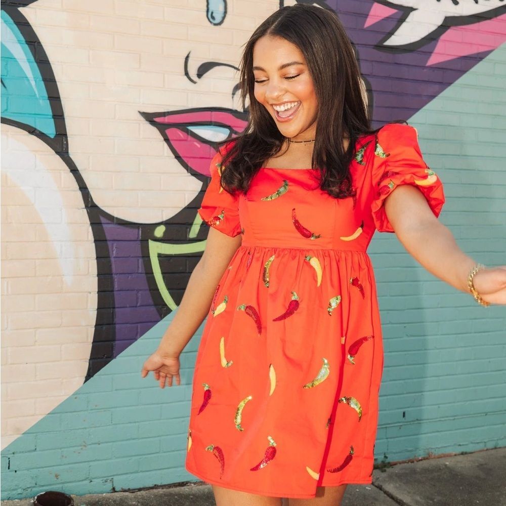 Queen of Sparkles Red and Orange Sequin Chili Pepper Mini Dress Puffed Sleeves